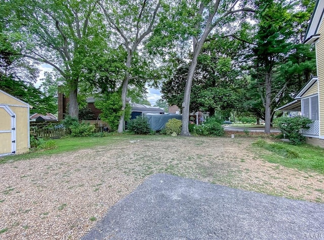 view of yard featuring a storage unit