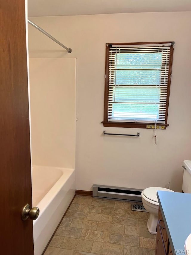 full bathroom with toilet, tub / shower combination, tile floors, a baseboard radiator, and vanity