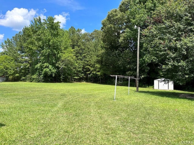 view of yard featuring a storage shed