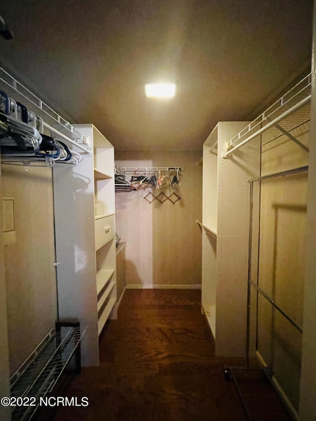 spacious closet with dark wood-type flooring