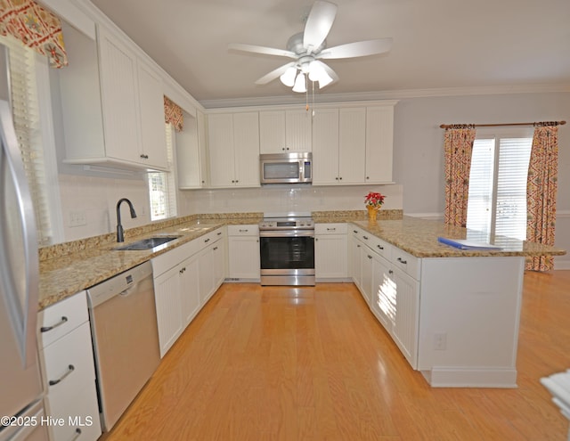 kitchen with sink, white cabinetry, backsplash, stainless steel appliances, and kitchen peninsula