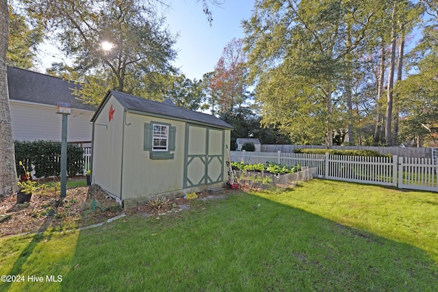 view of shed featuring fence private yard and a garden