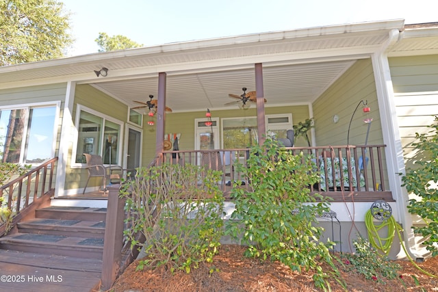 property entrance with a porch and ceiling fan