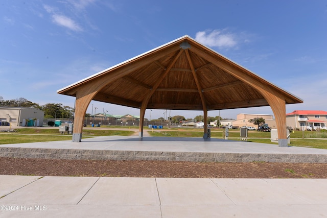 view of community featuring a gazebo and a lawn