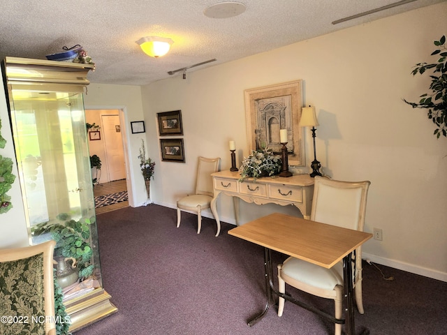 interior space featuring a textured ceiling and dark colored carpet