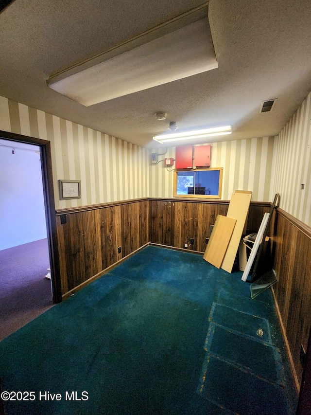 basement with wooden walls, a textured ceiling, and carpet floors