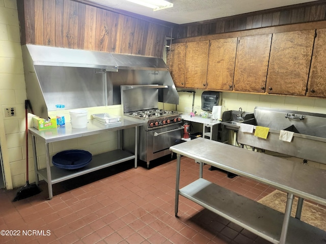 kitchen with wood walls, a textured ceiling, and stainless steel stove