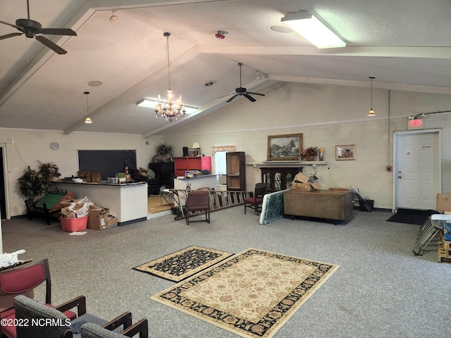 living room featuring ceiling fan with notable chandelier, a textured ceiling, and vaulted ceiling with beams