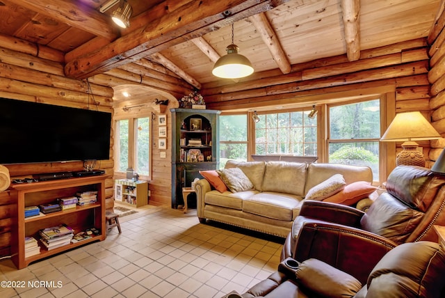 living room with wooden ceiling, vaulted ceiling with beams, log walls, and light tile flooring