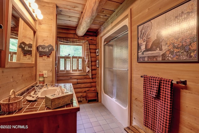 bathroom featuring wood ceiling, tile flooring, large vanity, and rustic walls