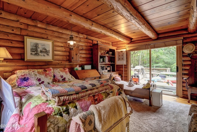 bedroom with rustic walls, wooden ceiling, access to outside, and beam ceiling