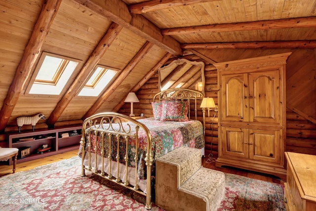 bedroom featuring lofted ceiling with skylight, wood ceiling, light hardwood / wood-style floors, and log walls