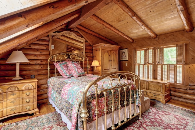 bedroom with dark hardwood / wood-style flooring, vaulted ceiling with beams, log walls, and wood ceiling