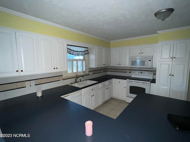 kitchen featuring light tile floors, white appliances, white cabinetry, crown molding, and sink