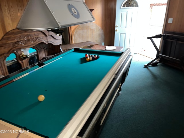 rec room with billiards, dark carpet, and wooden walls
