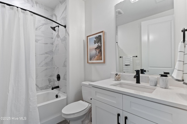 full bathroom featuring vanity, shower / bath combination with curtain, and toilet