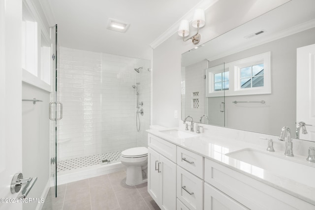 bathroom with an enclosed shower, tile patterned flooring, vanity, toilet, and ornamental molding