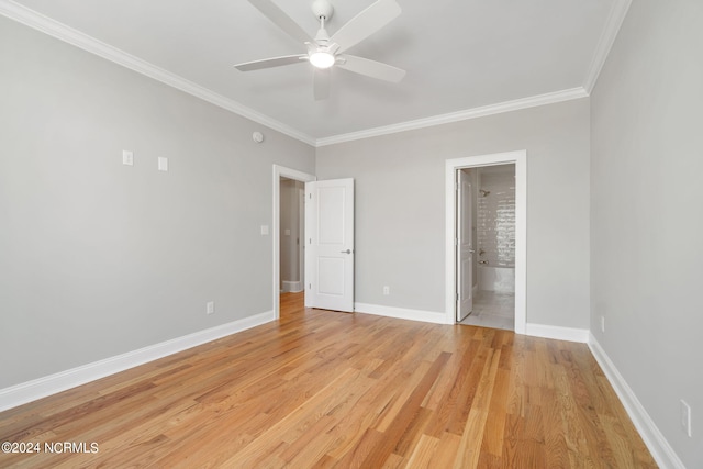 unfurnished bedroom with ceiling fan, ensuite bathroom, ornamental molding, and light wood-type flooring