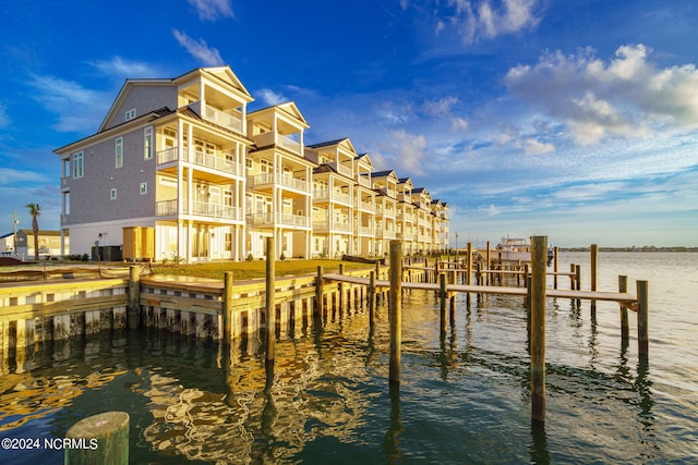 dock area with a water view