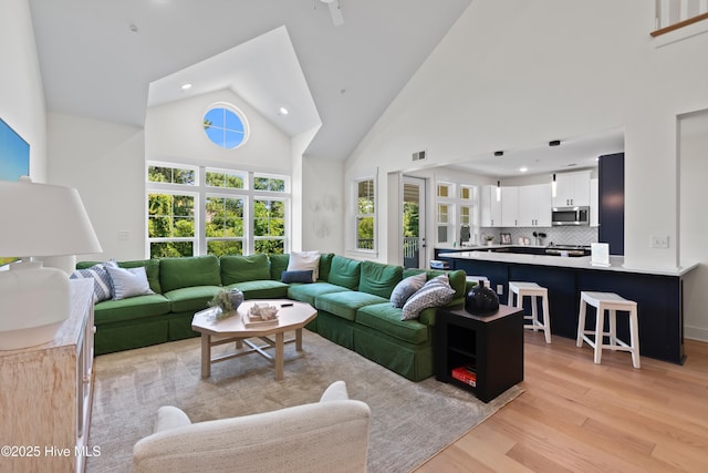 living room featuring light hardwood / wood-style flooring and high vaulted ceiling