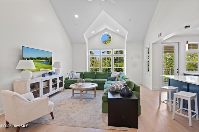 living room featuring high vaulted ceiling and light hardwood / wood-style flooring