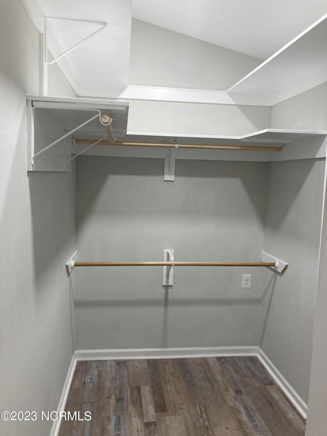 spacious closet with hardwood / wood-style flooring and lofted ceiling