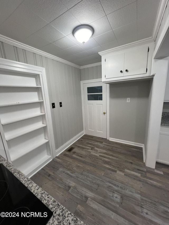 mudroom featuring baseboards, dark wood-type flooring, and crown molding