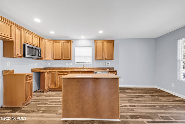 kitchen with plenty of natural light, a kitchen island, light hardwood / wood-style flooring, and stainless steel appliances