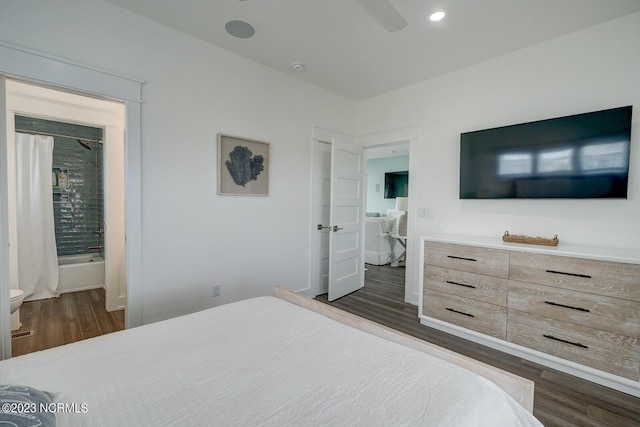 bedroom featuring ceiling fan and dark hardwood / wood-style floors