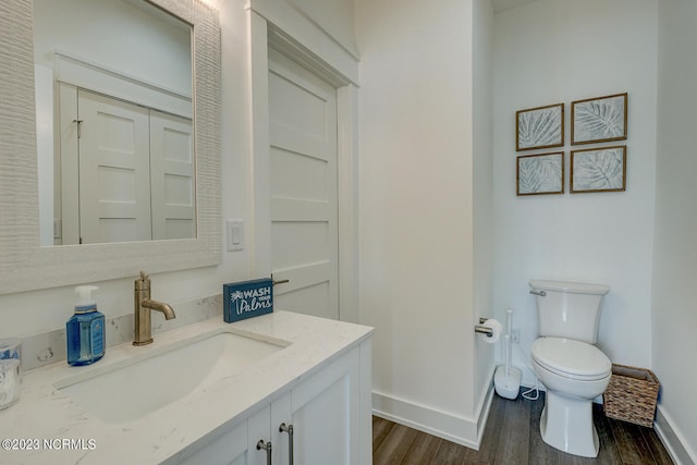 bathroom with toilet, large vanity, and wood-type flooring