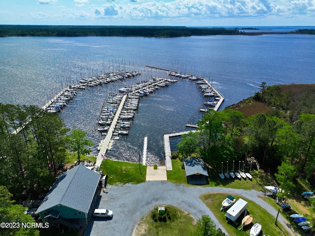 drone / aerial view featuring a water view