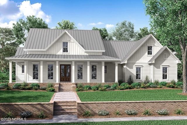 view of front of house with a front yard and a porch