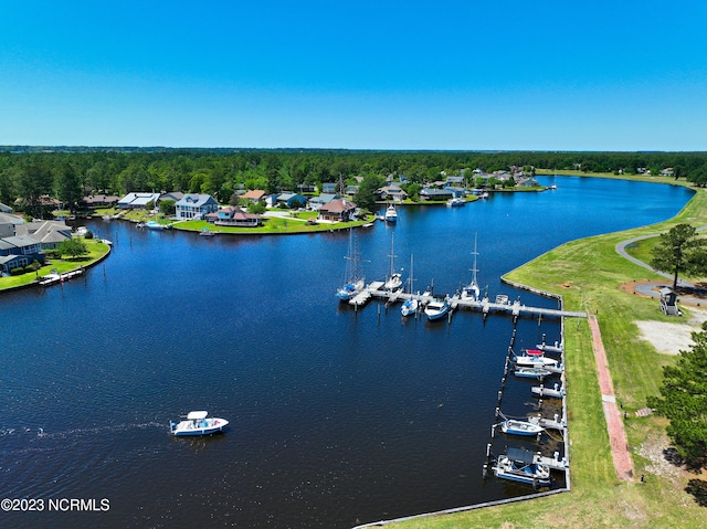 drone / aerial view featuring a water view