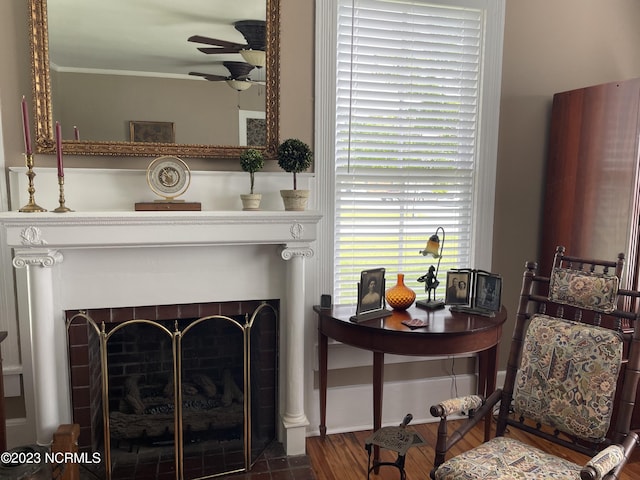 room details with dark hardwood / wood-style floors, ceiling fan, and a tile fireplace