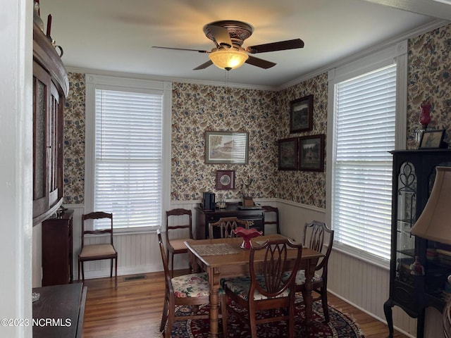 dining area featuring plenty of natural light, dark hardwood / wood-style floors, and ceiling fan