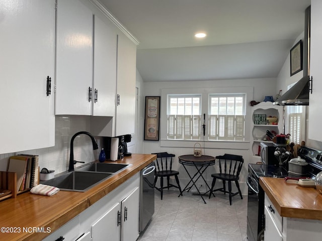 kitchen with white cabinetry, backsplash, black electric range, sink, and dishwasher