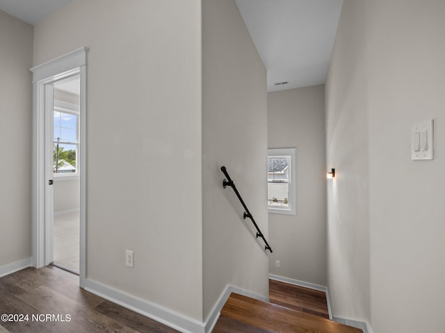 staircase with hardwood / wood-style floors