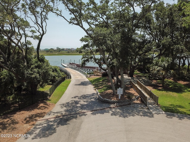 exterior space with a water view