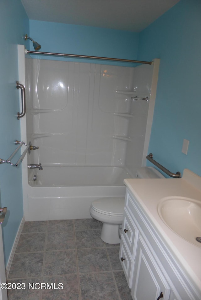 full bathroom with shower / bathtub combination, toilet, tile flooring, and vanity