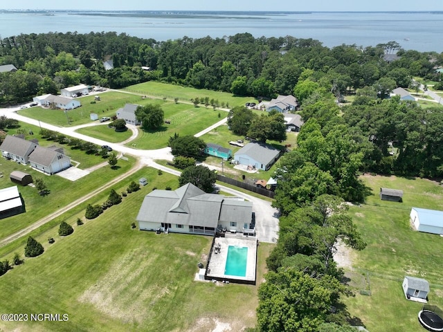 drone / aerial view with a water view