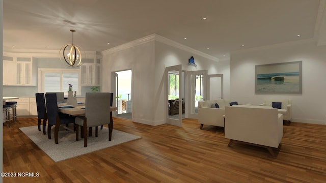 dining space featuring a chandelier, crown molding, dark wood-type flooring, baseboards, and recessed lighting