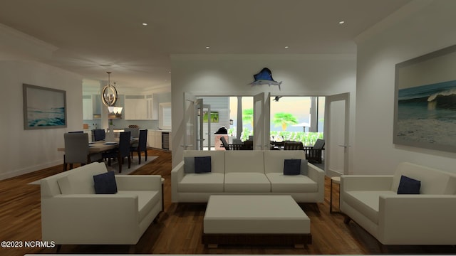 living room featuring dark wood-style flooring, plenty of natural light, and recessed lighting