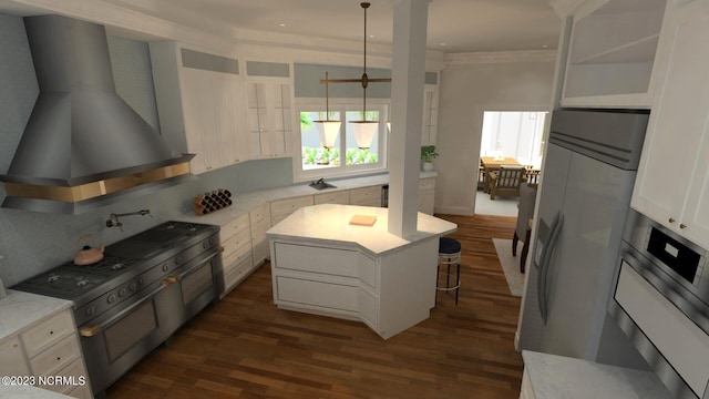 kitchen with wall chimney exhaust hood, dark wood finished floors, plenty of natural light, and crown molding