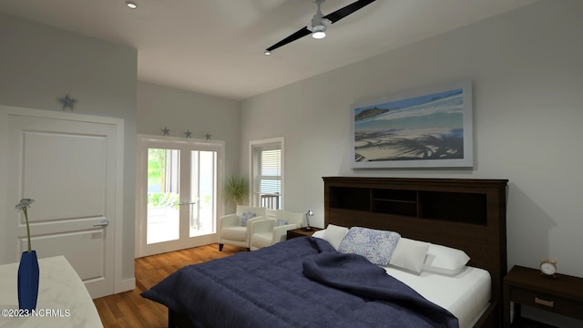 bedroom with wood finished floors, ceiling fan, and access to exterior