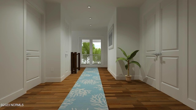 hallway featuring wood finished floors, baseboards, and recessed lighting