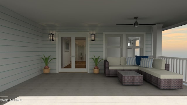 view of patio featuring ceiling fan, an outdoor living space, and french doors