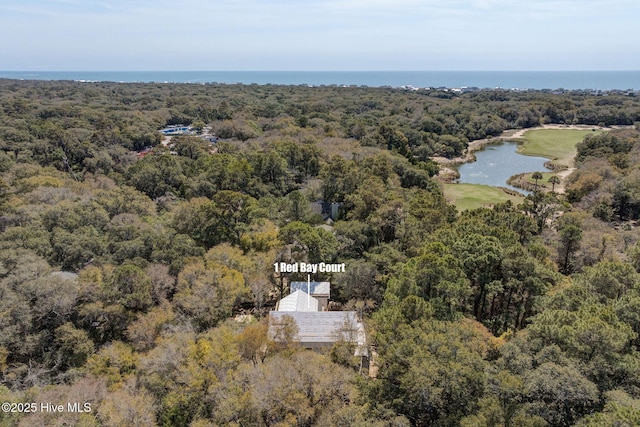 drone / aerial view of a heavily wooded area and a nearby body of water