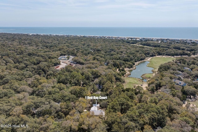 bird's eye view of a nearby body of water and a heavily wooded area