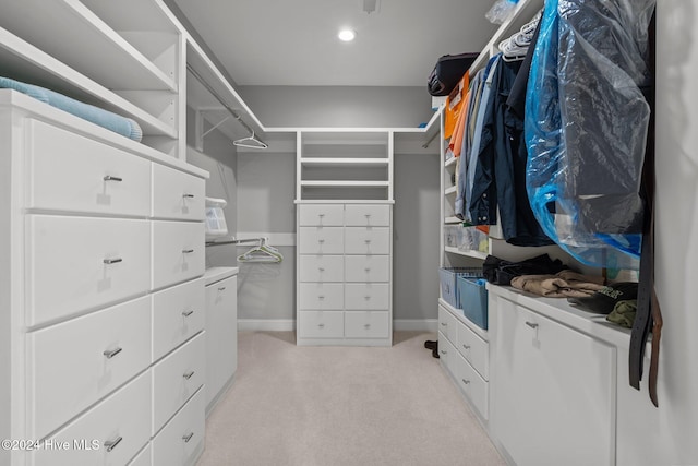 walk in closet with light colored carpet