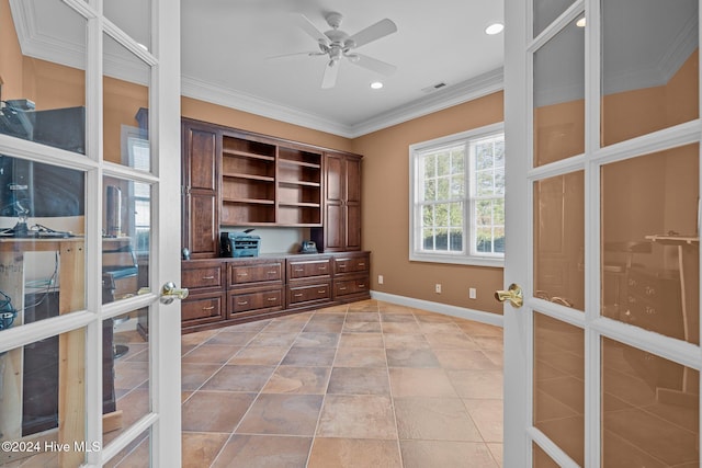 office with crown molding, french doors, and ceiling fan